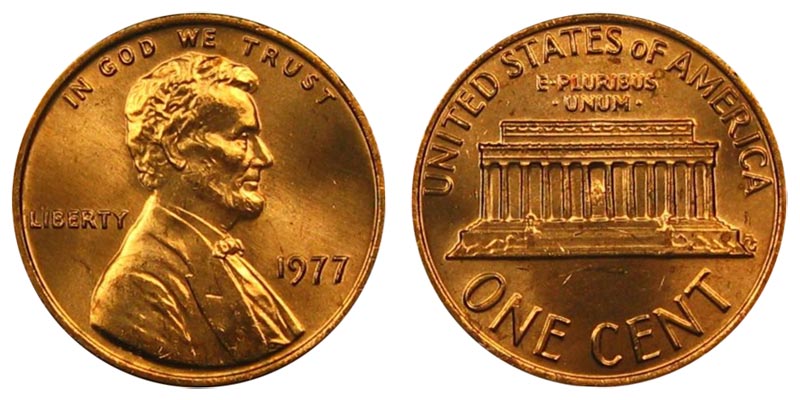 Group of 1977 Lincoln Memorial pennies from Philadelphia Denver and San Francisco mints showing various grades and conditions