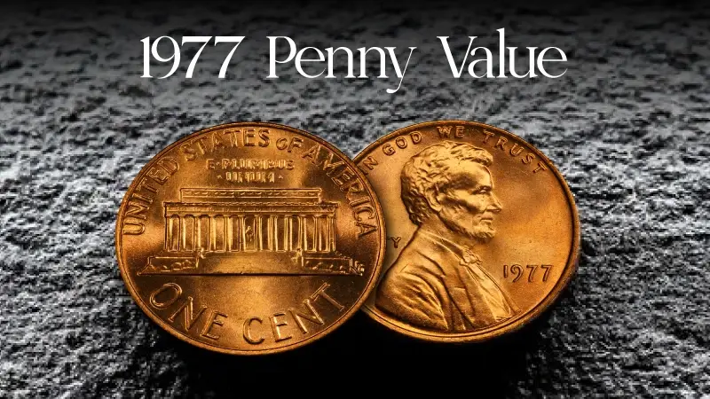 1977 Lincoln penny grading strip showing worn fine uncirculated and gem mint state condition tiers side by side